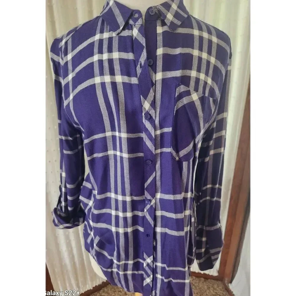 U15 Staccato Purple & White plaid button-up Shirt-Roll Tab Sleeves Chest Pocket